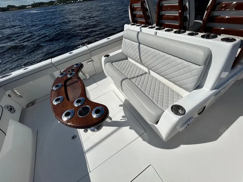 Slide: The Image of 2020 Valhalla Boatworks 41 interior with cushioned seating and rod holders. - 29