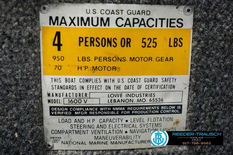 Slide: The Image of U.S. Coast Guard capacity plate for Lowe 1700, 1990 model, indicating maximum persons and weight limits. - 48