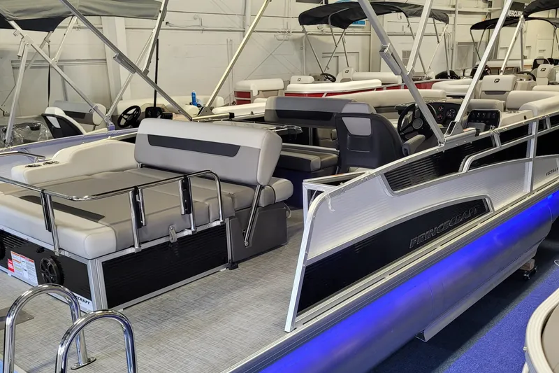 Slide: The Image of 2025 Princecraft Vectra 21 RL pontoon boat with modern seating and blue LED lighting. - 20