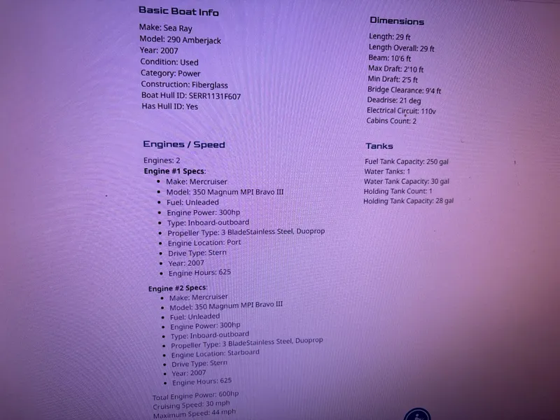 Slide: The Image of 2007 Sea Ray Amberjack boat specifications, including engine details, dimensions, and tank capacities. - 9