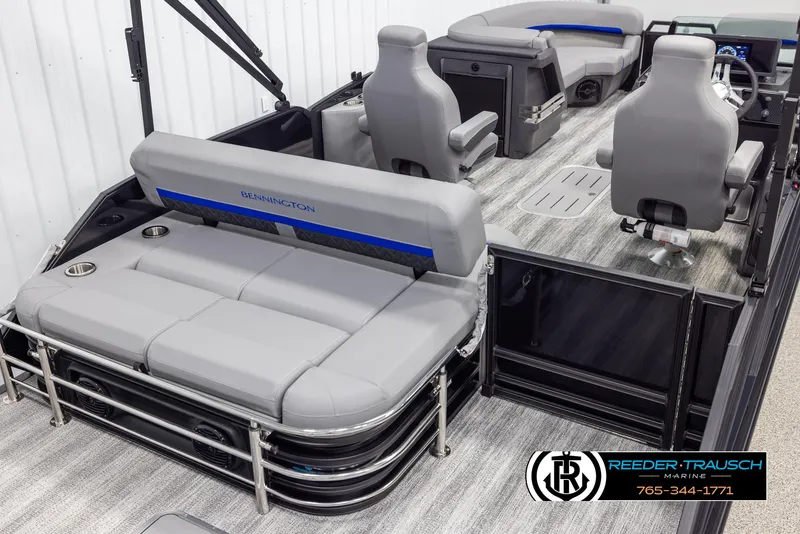 Slide: The Image of 2025 Bennington 22 MSBSE pontoon boat interior with gray seating and modern design. - 12