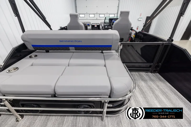 Slide: The Image of 2025 Bennington 22 MSBSE pontoon boat interior with gray seating and modern design. - 16