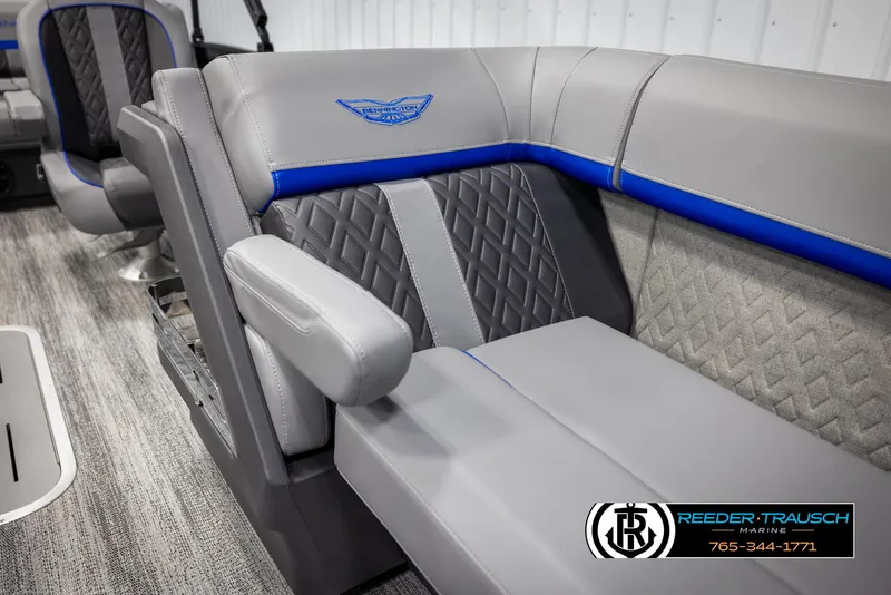 Slide: The Image of 2025 Bennington 22 MSBSE boat interior with gray and blue seating. - 21