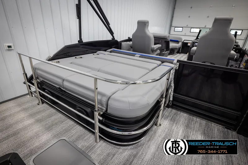 Slide: The Image of 2025 Bennington 22 MSBSE pontoon boat interior with seating and railing. - 30