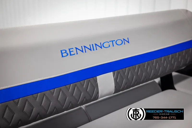 Slide: The Image of 2025 Bennington 22 MSBSE boat seat with blue and gray design. - 47