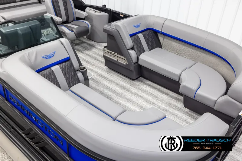 Slide: The Image of 2025 Bennington 22 MSBSE pontoon boat interior with luxurious seating and modern design. - 9
