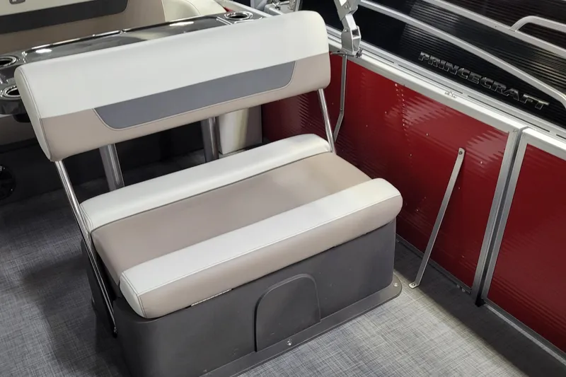 Slide: The Image of 2025 Princecraft Vectra 21 RL boat interior seating with red paneling and gray flooring. - 5