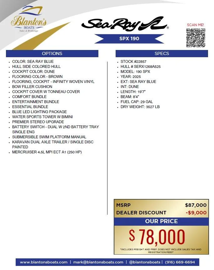 Slide: The Image of 2025 Sea Ray SPX 190 boat features, options, and pricing details from Blanton's Boats. - 21