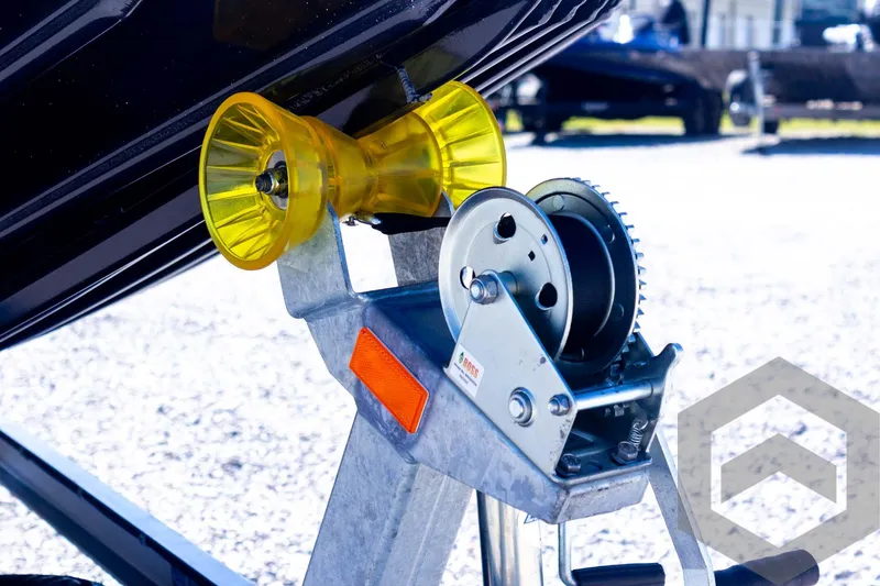 Slide: The Image of Trailer winch system on a 2025 G3 Bay 20 boat, featuring a yellow roller. - 28