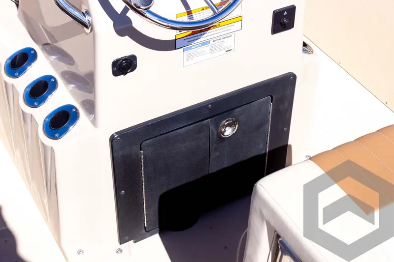 Slide: The Image of 2025 G3 Bay 20 boat console with storage compartment and cup holders. - 40