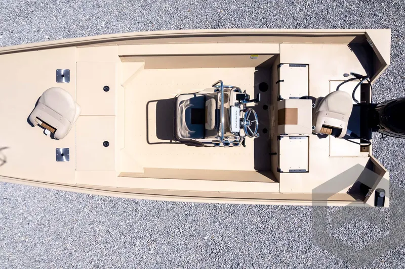 Slide: The Image of 2025 G3 Bay 20 boat, aerial view, beige deck, modern design. - 49