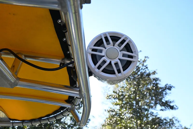 Slide: The Image of Ribcraft 9.0 boat speaker mounted on metal frame, 2007 model, under clear blue sky. - 18