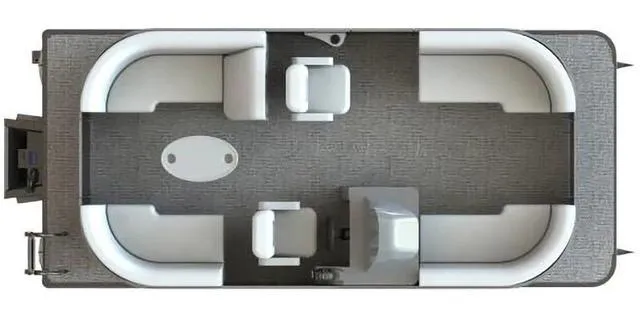 Slide: The Image of 2025 Starcraft EX20R pontoon boat interior layout with seating and helm. - 1