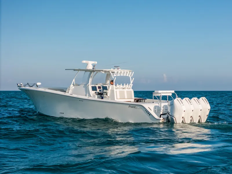 Slide: The Image of 2023 Front Runner 39 Center Console boat cruising on open water. - 25