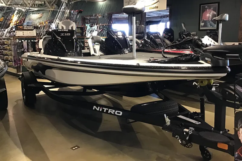 The Image of 2025 Nitro Z18 boat displayed indoors, featuring sleek design and modern equipment. - 0