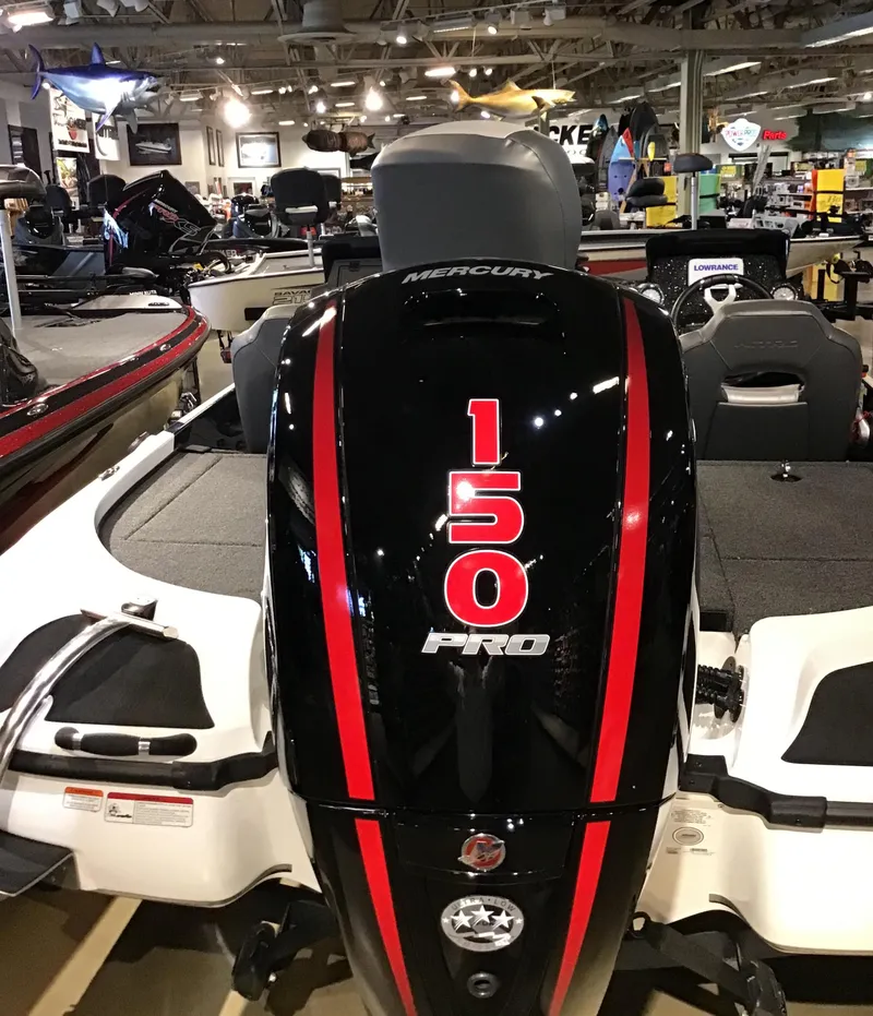 Slide: The Image of 2025 Nitro Z18 boat with Mercury 150 Pro engine in showroom. - 3