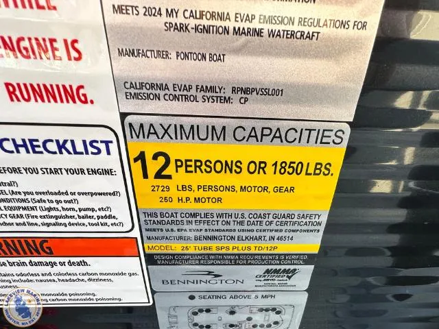 Slide: The Image of 2025 Bennington 26 LSRTD capacity label: 12 persons or 1850 lbs, 250 HP motor. - 18