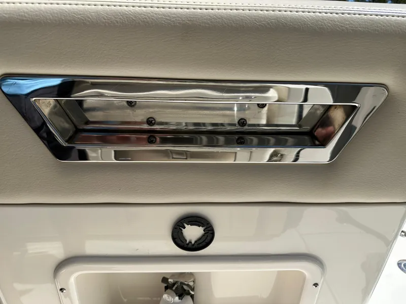 Slide: The Image of Boston Whaler Realm 380 2021 interior detail with chrome and leather accents. - 27