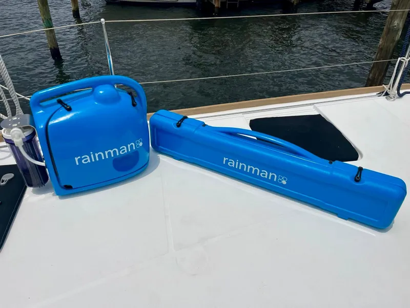 Slide: The Image of Blue Rainman watermaker equipment on a 2017 Lagoon 39 catamaran deck. - 19