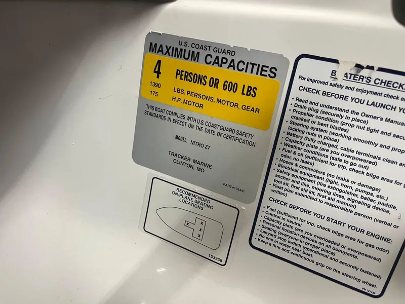 Slide: The Image of U.S. Coast Guard capacity label on Nitro Z7 boat, 2015 model, showing limits and safety standards. - 14
