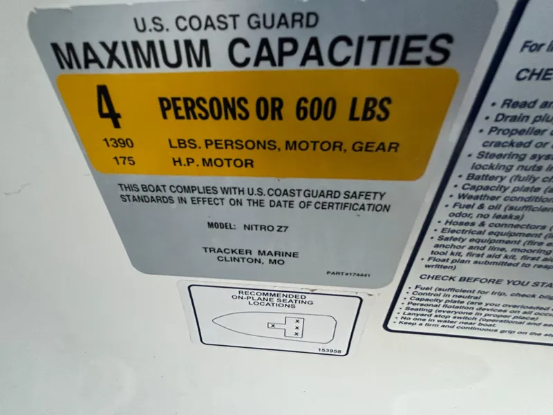 Slide: The Image of U.S. Coast Guard capacity label for Nitro Z7 boat, 4 persons or 600 lbs, 2015 model. - 28