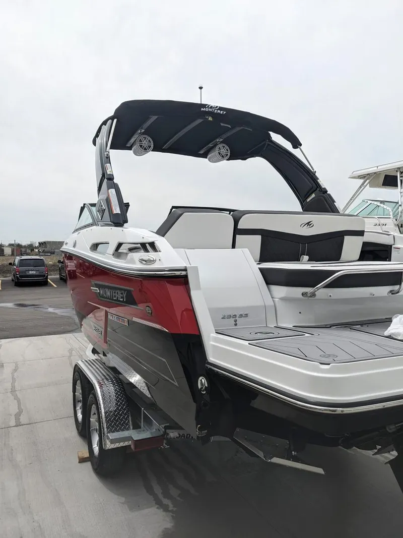 Slide: The Image of 2022 Monterey 258 Super Sport boat on trailer, rear view, sleek design. - 23