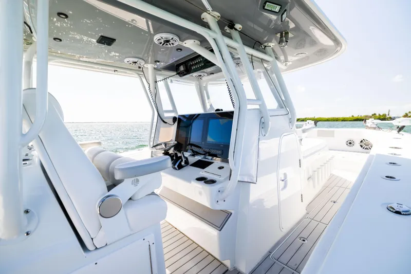 Slide: The Image of 2023 Freeman 37 VH boat interior with modern helm and seating. - 38