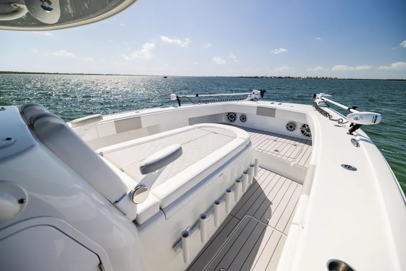 Slide: The Image of 2023 Freeman 37 VH boat interior with seating, on a sunny day at sea. - 46