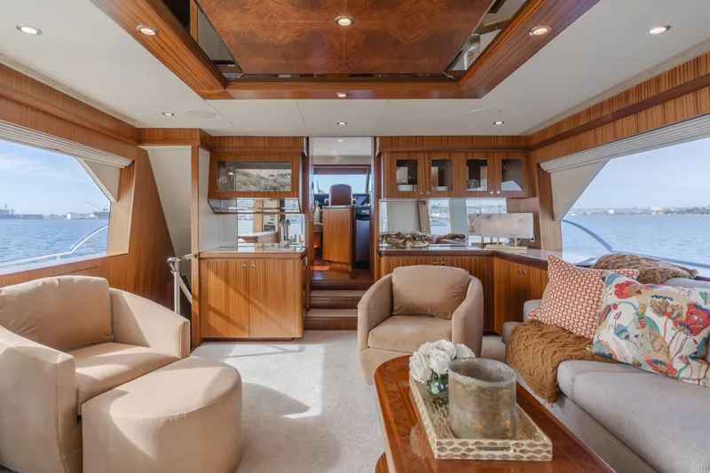 Slide: The Image of Luxurious interior of 2015 Ocean Alexander 72 yacht with elegant seating and panoramic windows. - 34