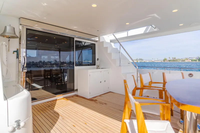 Slide: The Image of Luxurious 2015 Ocean Alexander 72 yacht deck with seating, overlooking serene waters. - 46