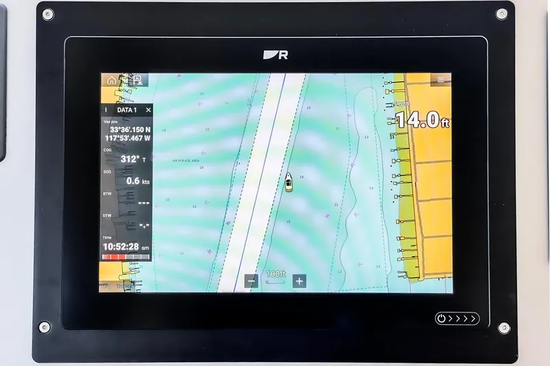 Slide: The Image of Navigation display on a 2009 Azimut 62S yacht, showing depth and coordinates. - 24