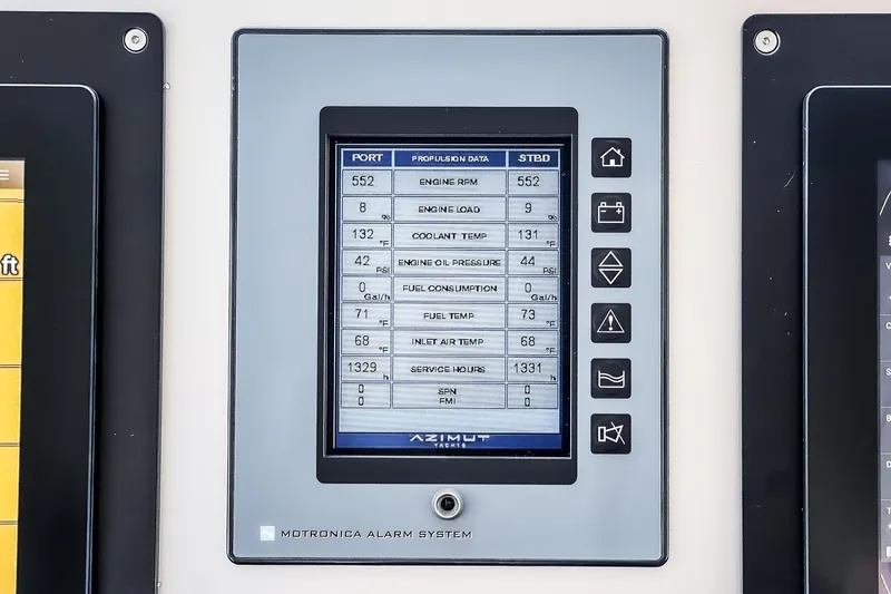 Slide: The Image of Azimut 62S 2009 yacht control panel displaying engine and system data. - 25