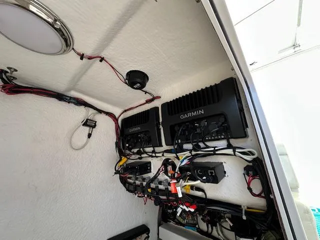 Slide: The Image of 2021 AmeraCat 27 Gen II DC boat electronics with Garmin systems and wiring. - 7