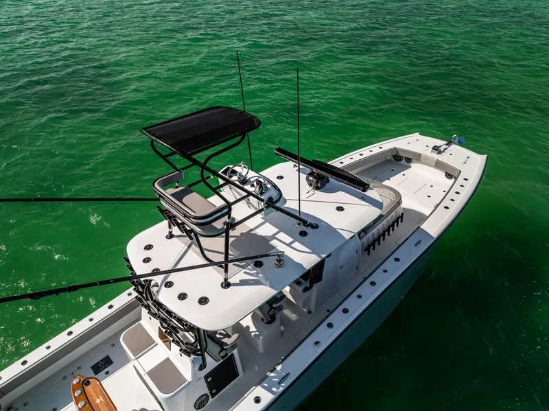 Slide: The Image of 2024 Freeman 42 LR boat on vibrant green water, aerial view. - 10