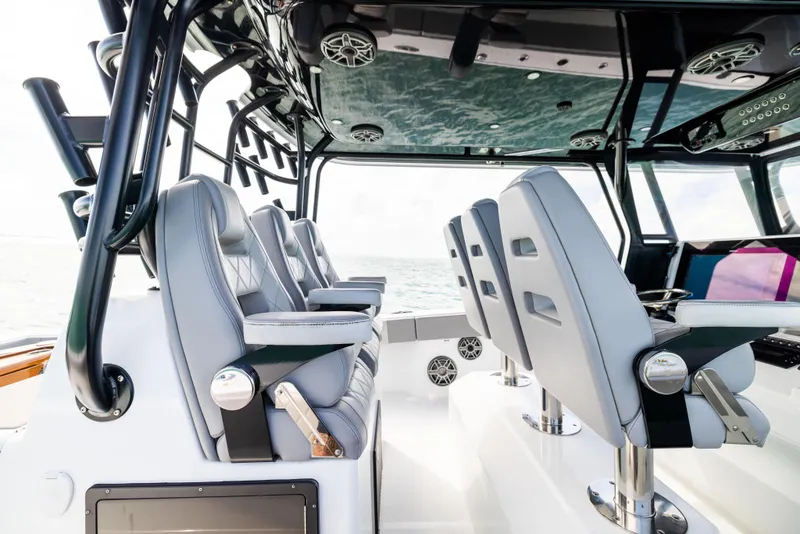 Slide: The Image of 2024 Freeman 42 LR boat interior with modern seating and sleek design. - 32