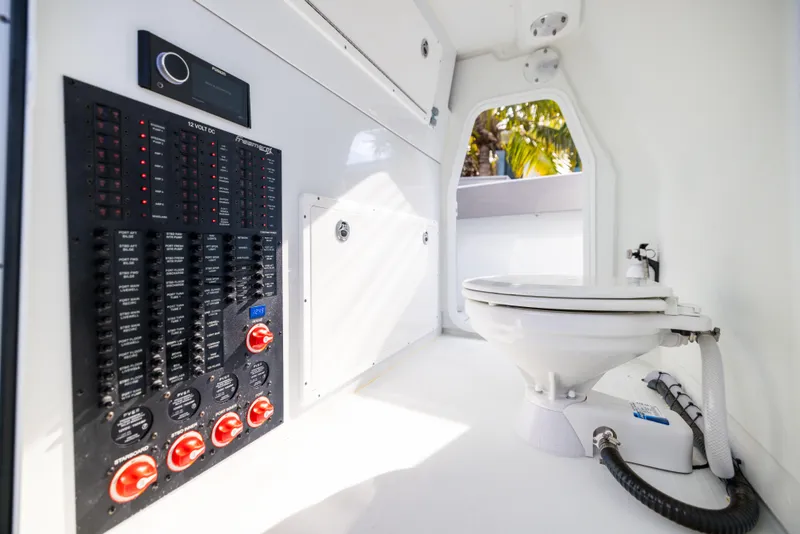 Slide: The Image of 2024 Freeman 42 LR interior with control panel and marine toilet. - 43