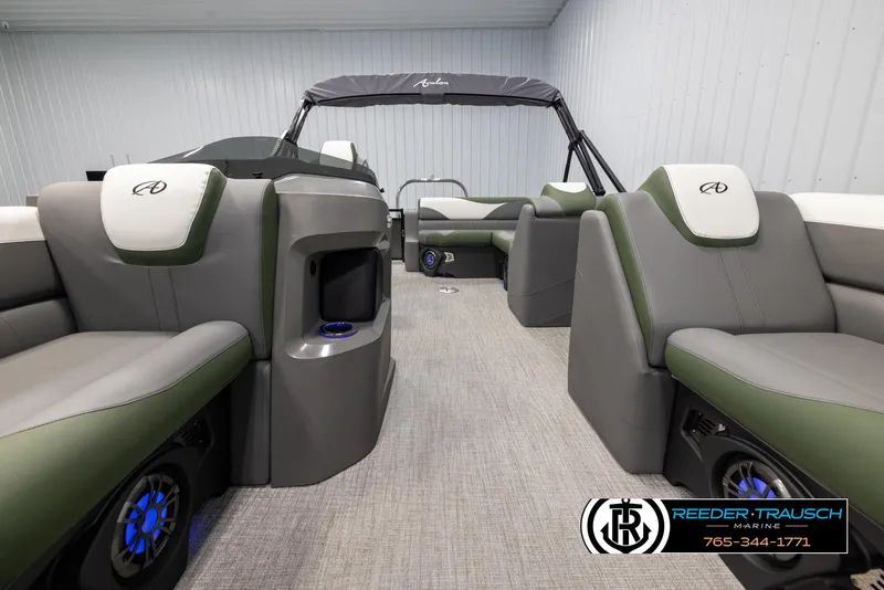 Slide: The Image of 2025 Avalon LSZ CRB pontoon boat interior with modern seating and audio system. - 13