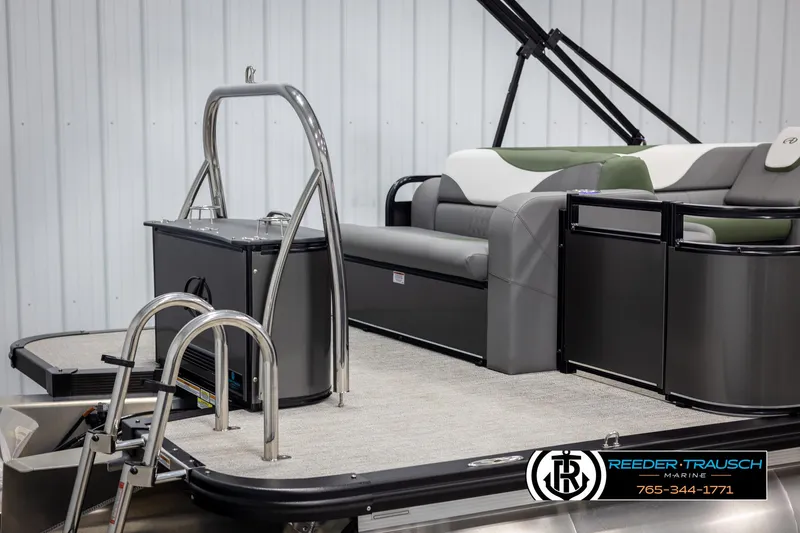 Slide: The Image of 2025 Avalon LSZ CRB pontoon boat interior with seating and ladder. - 42