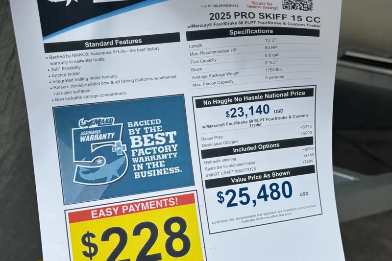 Slide: The Image of 2025 Mako Pro Skiff 15 CC price sheet with warranty and payment details. - 5