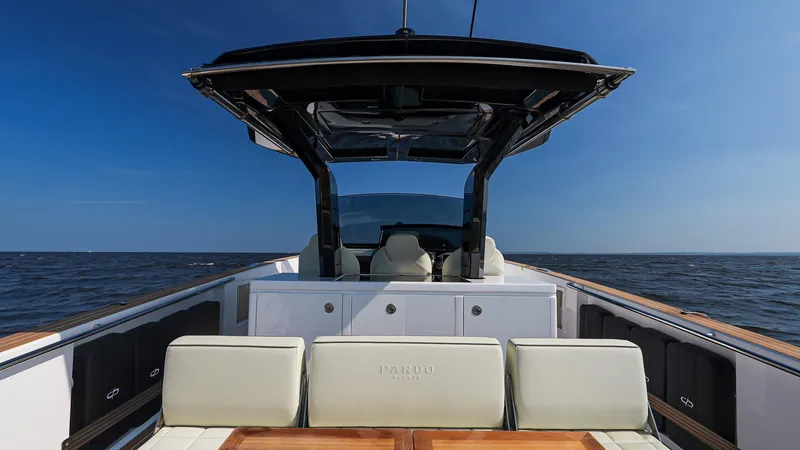 Slide: The Image of 2025 Pardo Yachts 38 Walkaround on open water, showcasing sleek design and luxury features. - 12