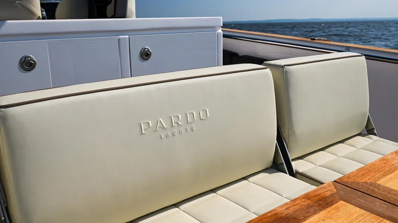 Slide: The Image of 2025 Pardo Yachts 38 Walkaround, luxury seating detail with ocean view. - 13