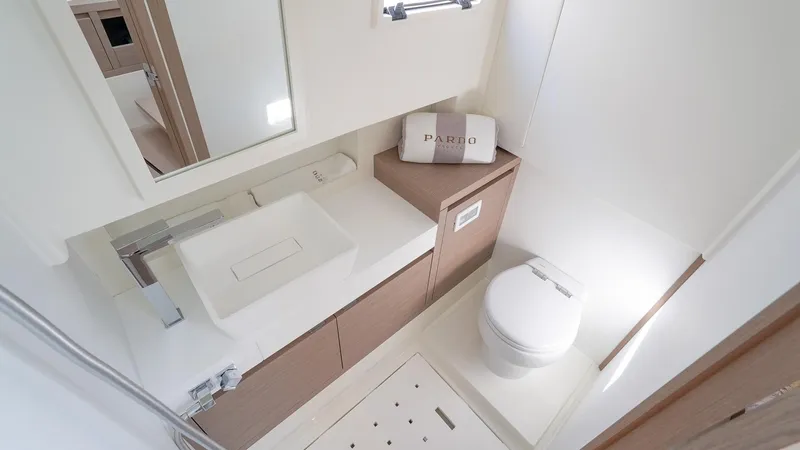 Slide: The Image of Luxurious bathroom in 2025 Pardo Yachts 38 Walkaround, featuring modern fixtures and elegant design. - 28