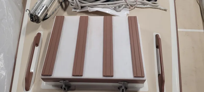 Slide: The Image of Deck of 1980 Shannon 38 Ketch with wooden accents and nautical equipment. - 37