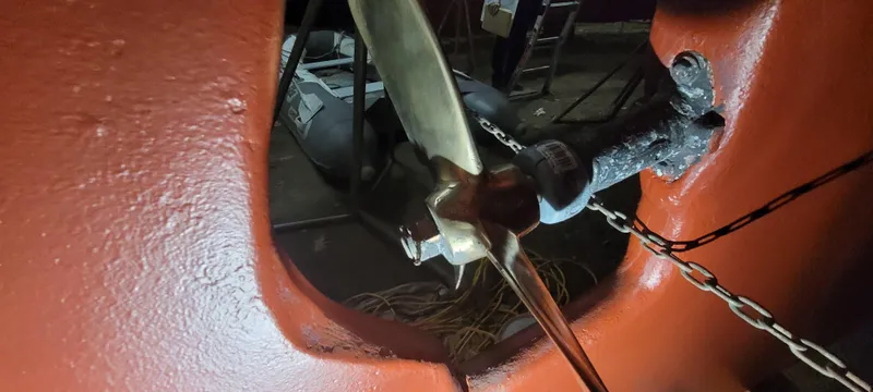 Slide: The Image of Propeller of 1980 Shannon 38 Ketch sailboat in dry dock, close-up view. - 46