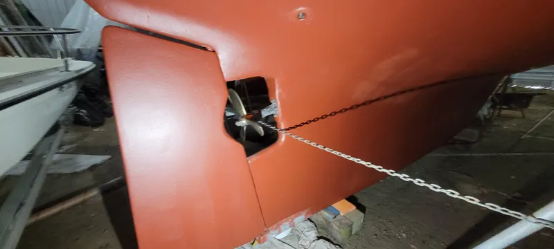 Slide: The Image of 1980 Shannon 38 Ketch rudder and propeller detail in dry dock. - 47