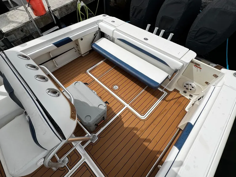 Slide: The Image of 2008 Hydra-Sports Vector 3300 VX boat interior with teak flooring and seating. - 5