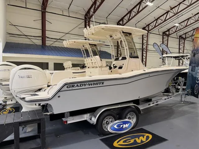 Slide: The Image of 2025 Grady-White Fisherman 216 boat displayed indoors on a trailer. - 2