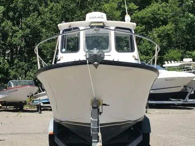Slide: The Image of 2003 Eastern 27' Lobster boat on trailer, front view, with Garmin equipment. - 18