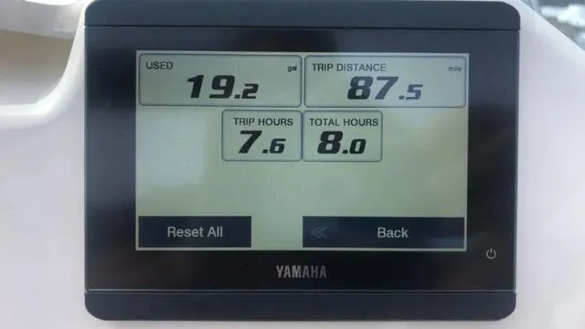 Slide: The Image of Yamaha display showing trip data: 19.2 gallons used, 87.5 miles distance, 7.6 trip hours. - 11