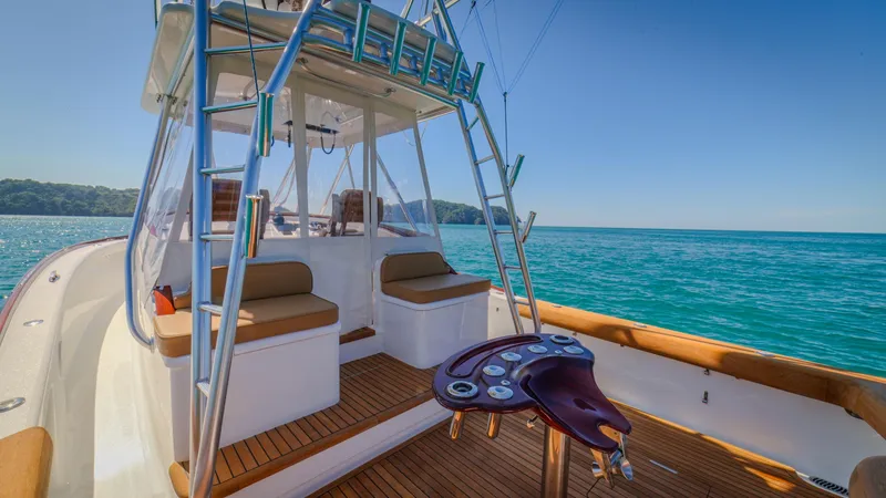 Slide: The Image of 2024 Maverick Yachts Costa Rica 36 Walkaround, luxurious deck view on serene ocean. - 17